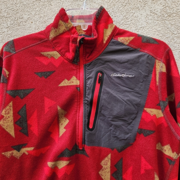 EDDIE BAUER Mens Pullover Medium Red Fleece Quarter Zip Geometric Pocket - Picture 2 of 13